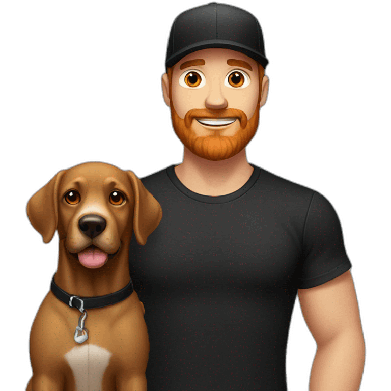 A handsome man in a black T-shirt and a black cap and with a red beard with a black Labrador dog emoji