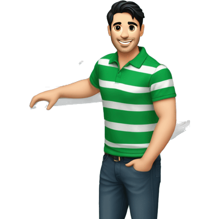 smiling handsome guy with black hair wearing green and white stripped polo tshirt standing near railing of a cruise ship with sea in the background. emoji