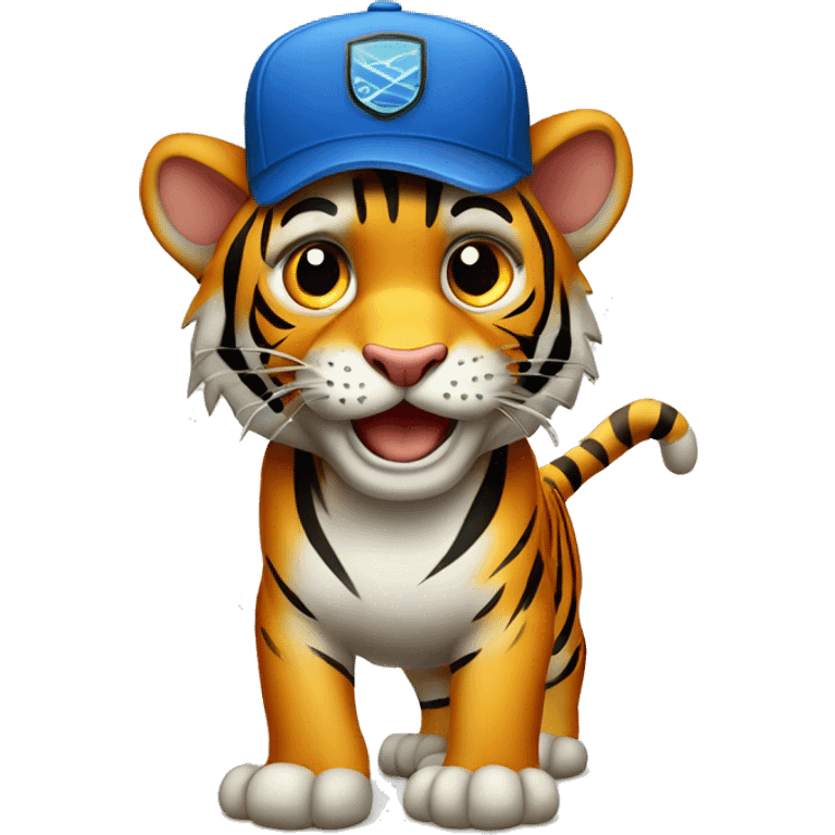 Tigre animado con gorra con un cartel emoji