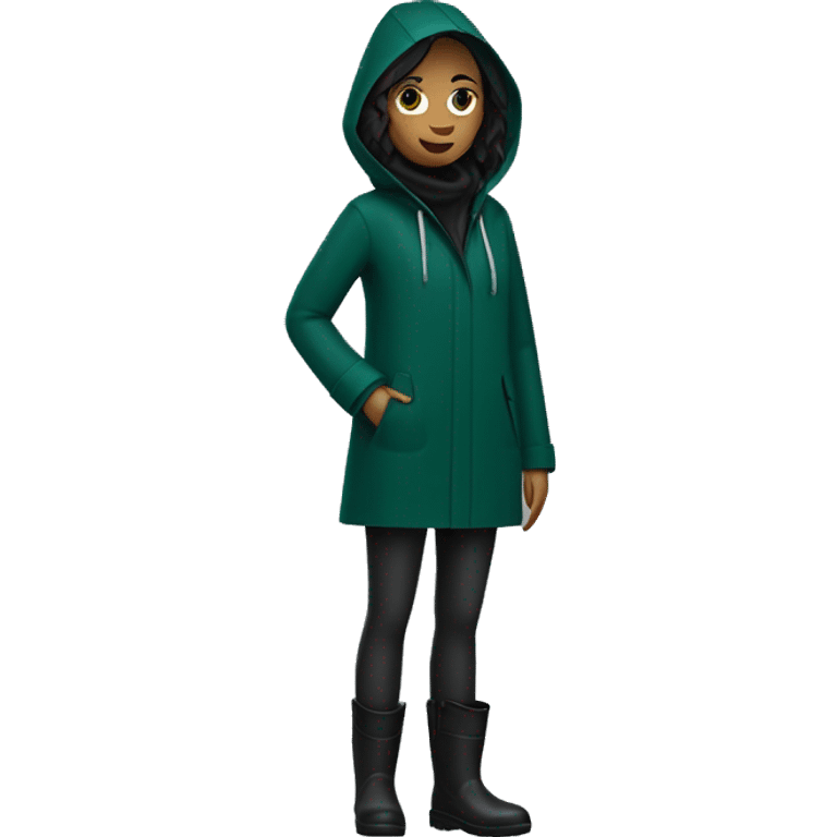 a skinny woman wearing a dark-green raincoat and black pants and dark-blue rainboots emoji