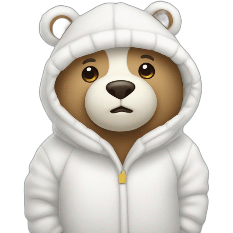 Un oso de peluche blanco con un pijama y un gorro blanco y muy delgado emoji