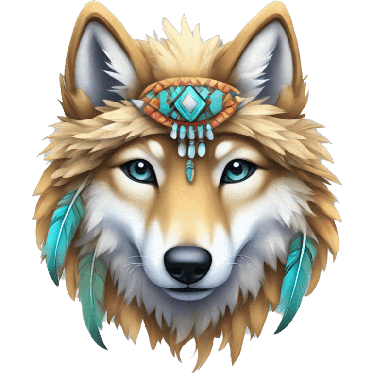 Fluffy Shy Colorful Spiritual Shamanic Wolf With Shiny Tribal Markings wearing feathers Full Body emoji