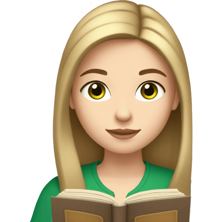 Girl with straight chin length light brown hair and pale skin tone and green eyes reading a book  emoji