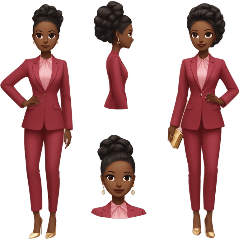 

	•	Outfit: Deep red suit, gold jewelry, pink clutch.
	•	Hair: Black, sleek half-up with a bow, backcombed at the crown for volume.
	•	Skin: Warm tan, glowing.
	•	Makeup: Winged eyeliner, nude lips, soft blush.

 emoji