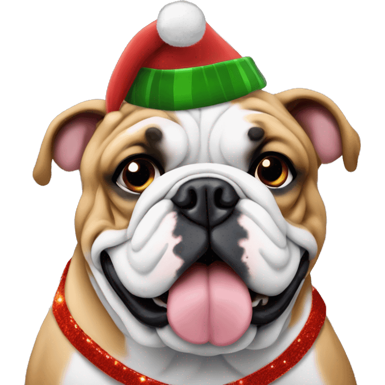 English bulldog wrapped with Christmas lights and hat emoji