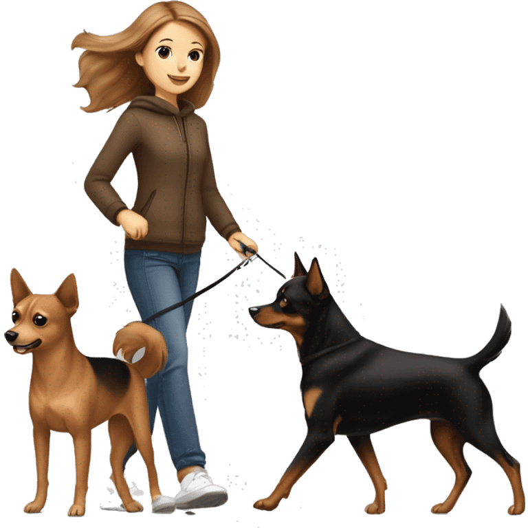 A light brown haired girl, walking one small black and tan miniature Pinscher and one big light brown Spitz on the lead emoji