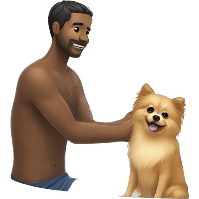 A man washes in the shower with a Pomeranian dog emoji