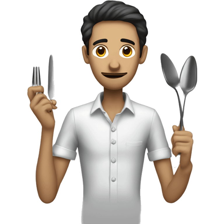 Skinny man with fork and spoon and handkerchief ready for food emoji