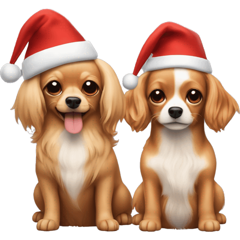 Two dogs hugging each other full-length. One is a long-haired beige Chihuahua with red streaks. The other is a red cocker spaniel. They are both wearing New Year's hats. emoji