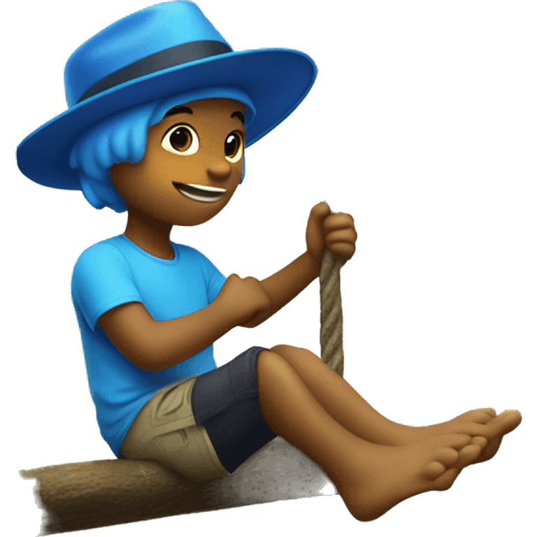 A dinosaur boy with a blue summer hat in the forest on the swing emoji