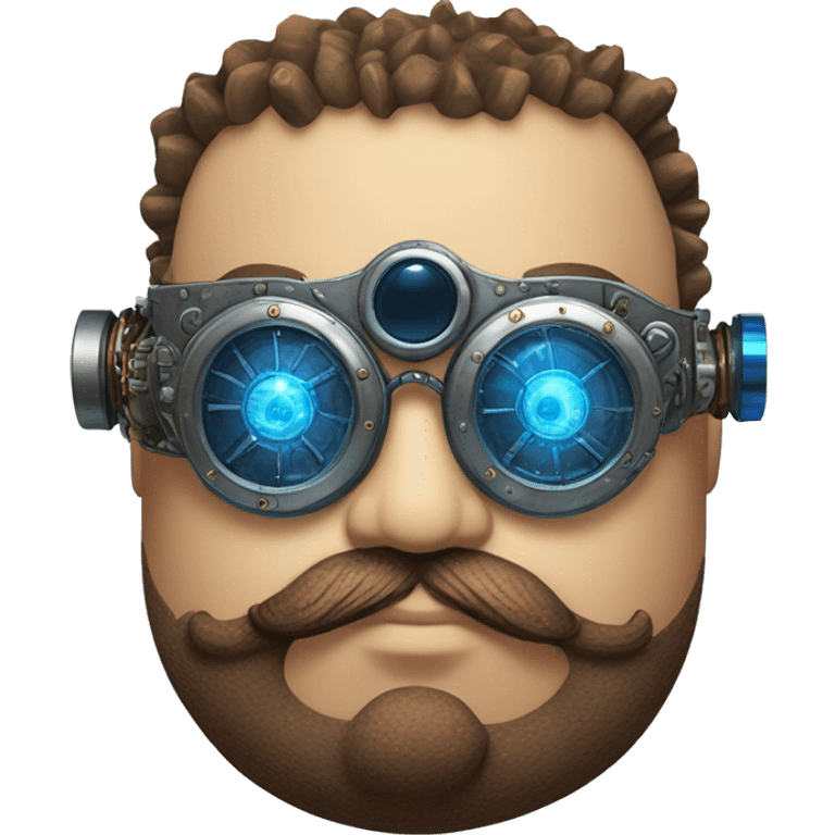 Fat cyborg head with blue steampunk goggles, brown beard and circuits emoji