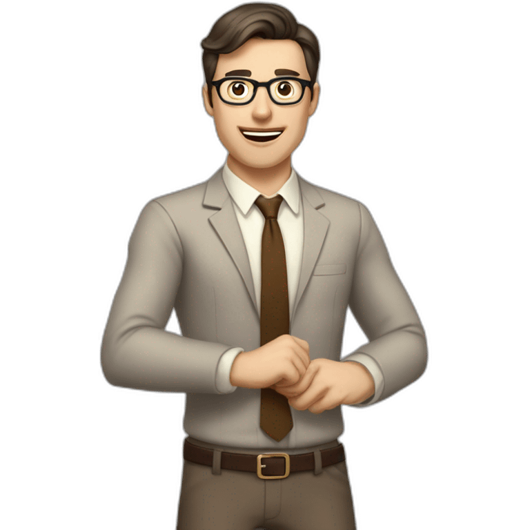 To belt Actively gesturing with hands Pale skinned fit man teacher with dark brown hair in gray jacket, beige office shirt, brown tie, brown pants and vintage glasses. emoji