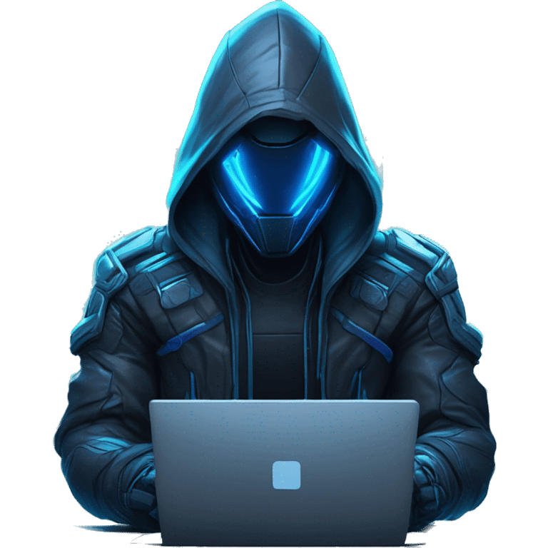 developer behind his laptop with this style : crysis Cyberpunk Riot Games Valorant neon glowing bright blue character blue black hooded assassin themed character emoji