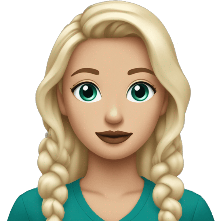 Blonde girl with blue eyes and a full face of makeup except for eyeshadow. Add a dark green shirt with ￼ Navajo pearl necklaces and teal earrings ￼ emoji