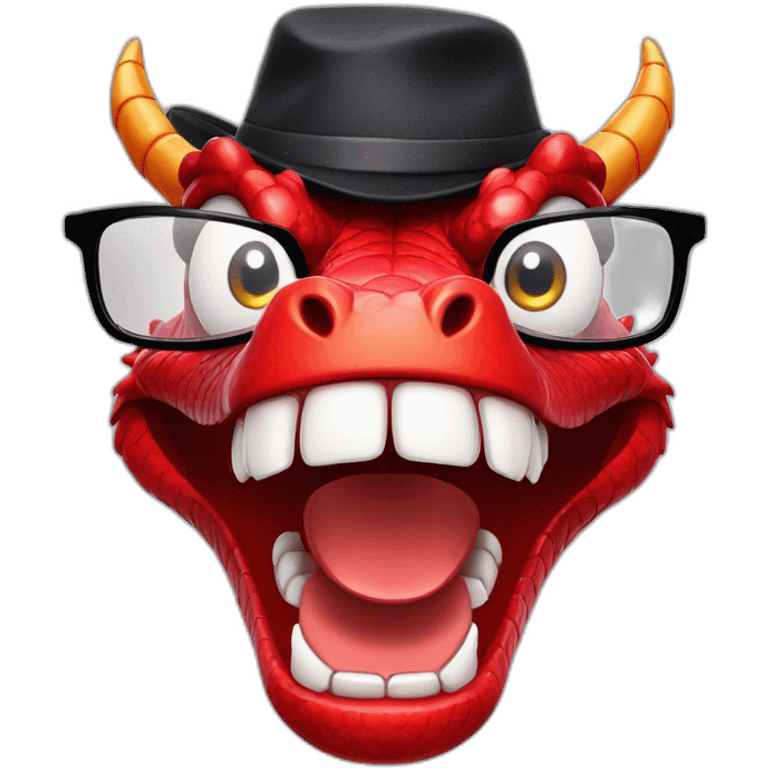 Crazy funny red dragon head with human white teeth and beautiful smile wearing glasses and hat emoji