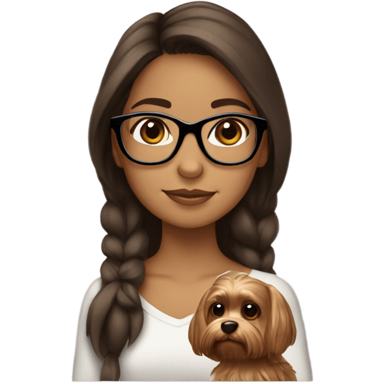 Hispanic Brown haired girl with glasses holding tan yorkie emoji