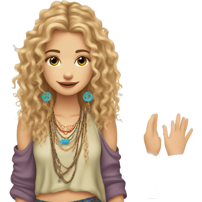 Caucasian hippie girl with curly dirty blonde hair, hazel eyes, baggy colorful pants and a tank top, lots of bohemian bracelets and jewelry emoji