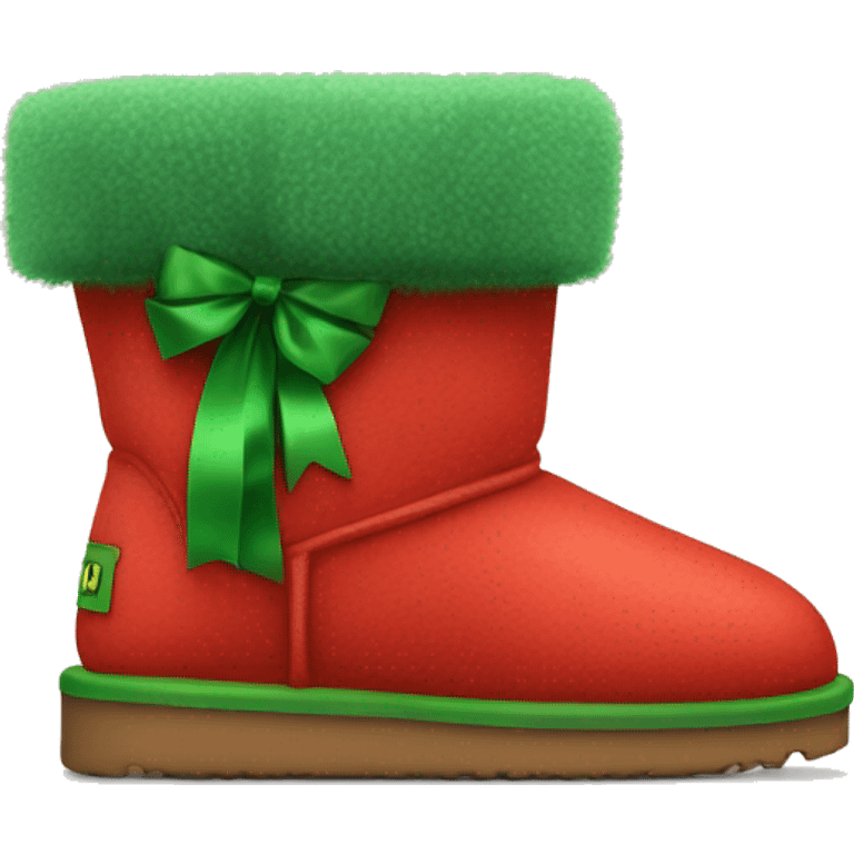 Realistic red Ugg fur boots with gree ribbon bows isolated.  emoji