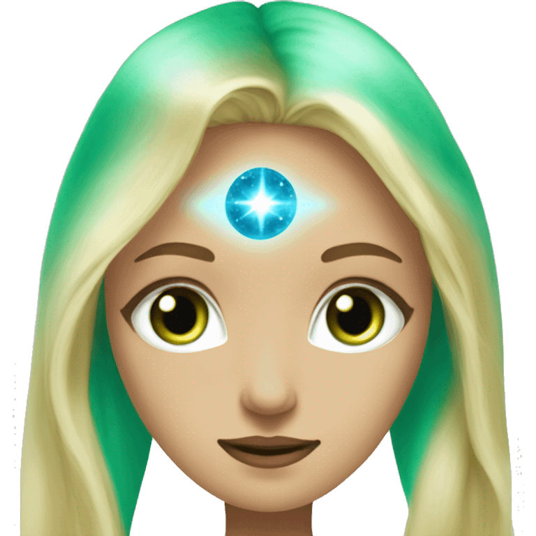 nordic pleiadian in green clothing with thin face long blonde hair and blue eyes third eye glowing emoji