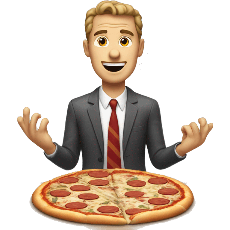 A white man with more fingers than normal, making a pizza. Speech bubble over him saying “welcome to the pizz-biss!” emoji