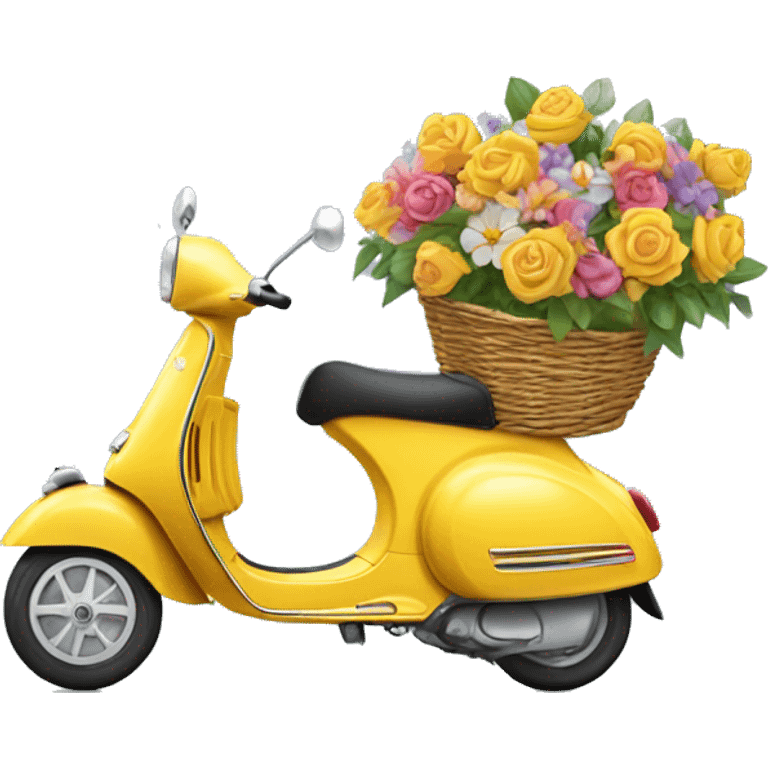 A bright Vespa scooter with a basket of flowers attached. emoji