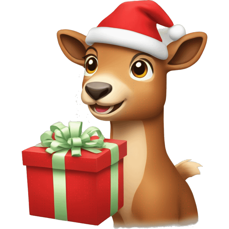 happy smiling brown chamois holding red gift emoji