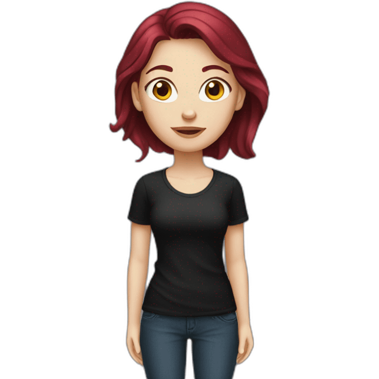 a white girl with burgundy hair in a black T-shirt emoji