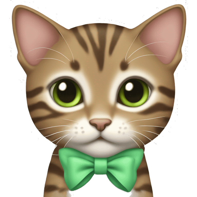 kawaii brown tabby kitten with green eyes and pastel green bow on top of head emoji