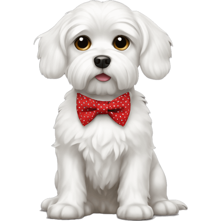 white maltese dog wearing a red with white polka dots tie emoji