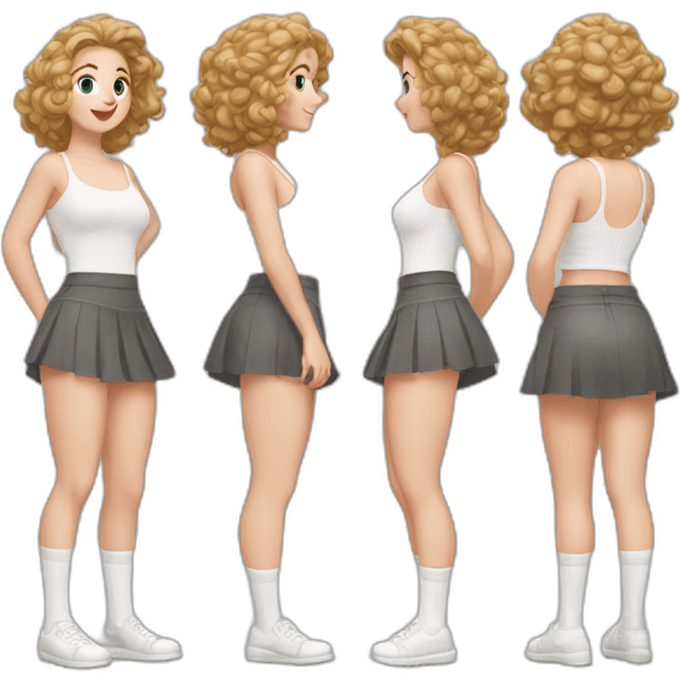 full body caucasian curvy beauty jumping short black skirt back and front views strong wind white knickers long white socks emoji