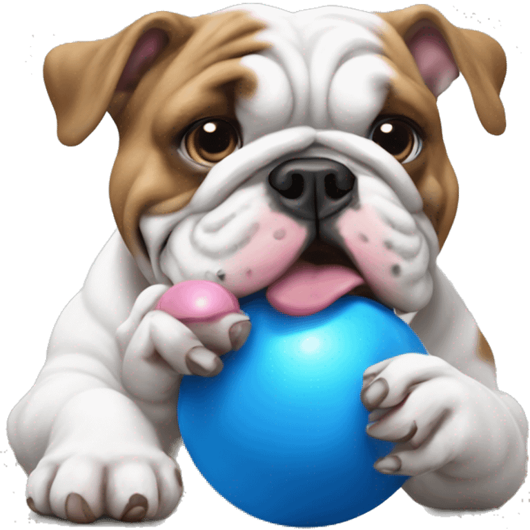 English bulldog playing with blue ball emoji