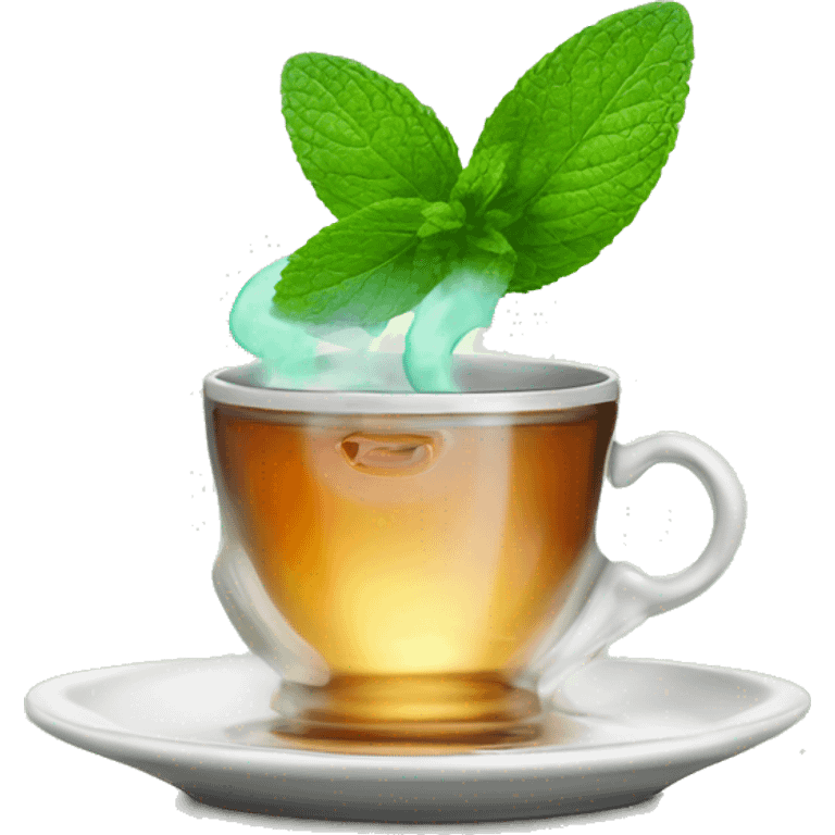 A cup of tea, a mint leaf on a platter. There's steam coming out of the cup. emoji