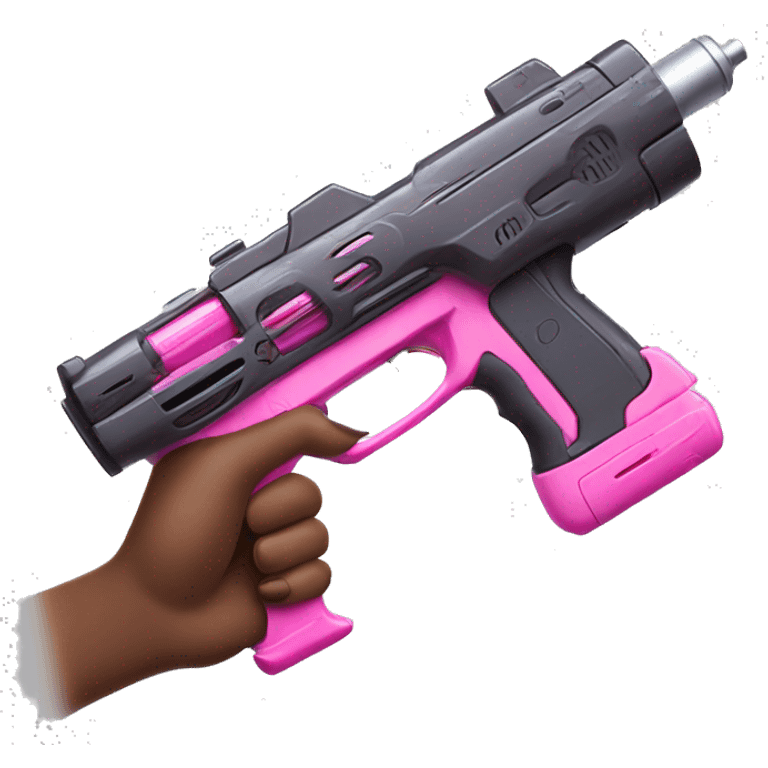 brown hand with pink nails holding large scary dark nerf gun emoji