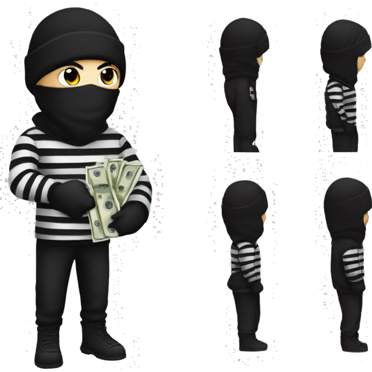 robber with black hair wearing a black beanie and a long sleeved white and black horizontally striped t-shirt and wearing black eye mask and holding a bag of money in their left shoulder emoji