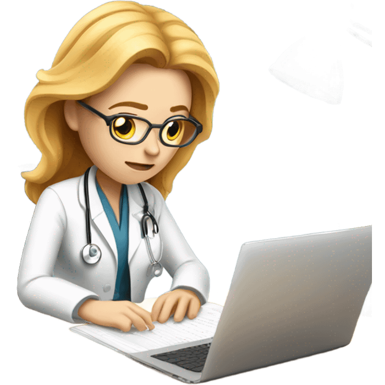 Exhausted, white, female doctor with strawberry blonde hair typing notes at her desk emoji