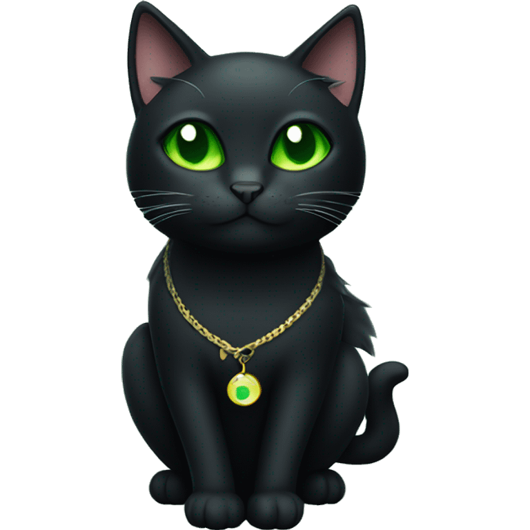 Black cat with green eyes wearing a moon charm on his collar emoji