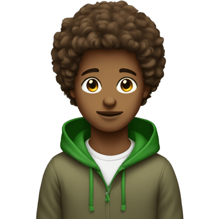 brown straight fluffy hair boy with brown eyes and green hoodie emoji