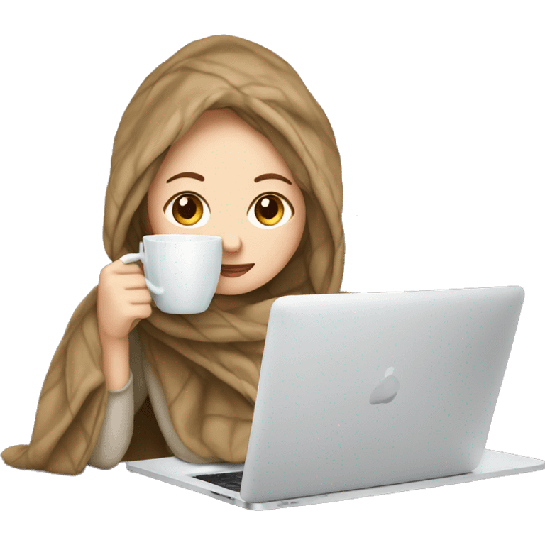 White Girl drinking tea with blanket on a macbook emoji