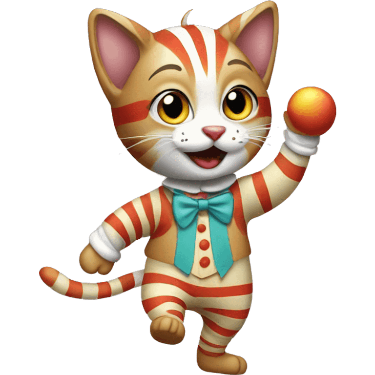 tabby cat, white markings, wearing a clown suit and dancing around  emoji