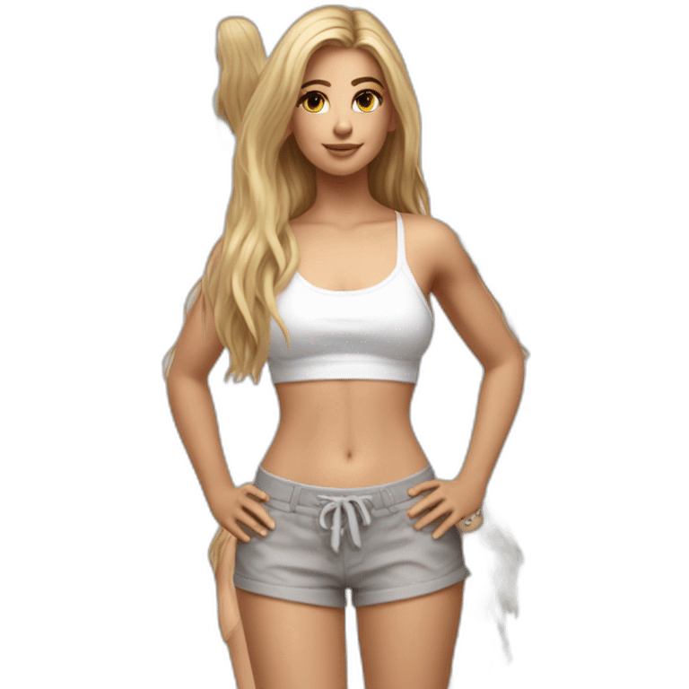 hyperrealist caucasian long straight hair blonde brown eyes white bikini top gray tight shorts black sneakers full body emoji