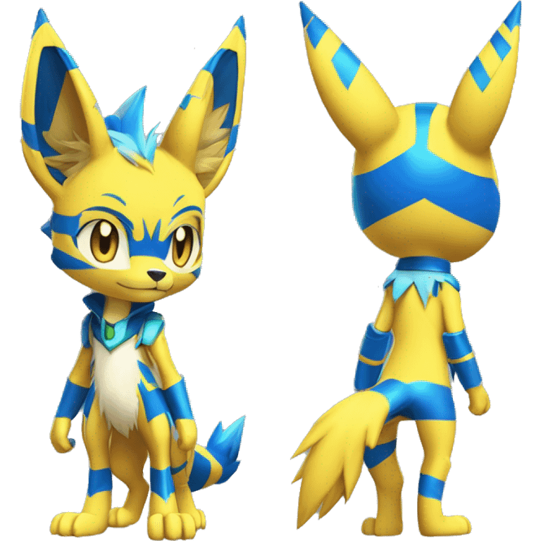 Yellow Anthro Edgy Cool Sonic-Zeraora-Anubis-Renamon-Jolteon-Pokémon-Fakémon with shiny blue stripes Full Body Detailed High Quality  emoji