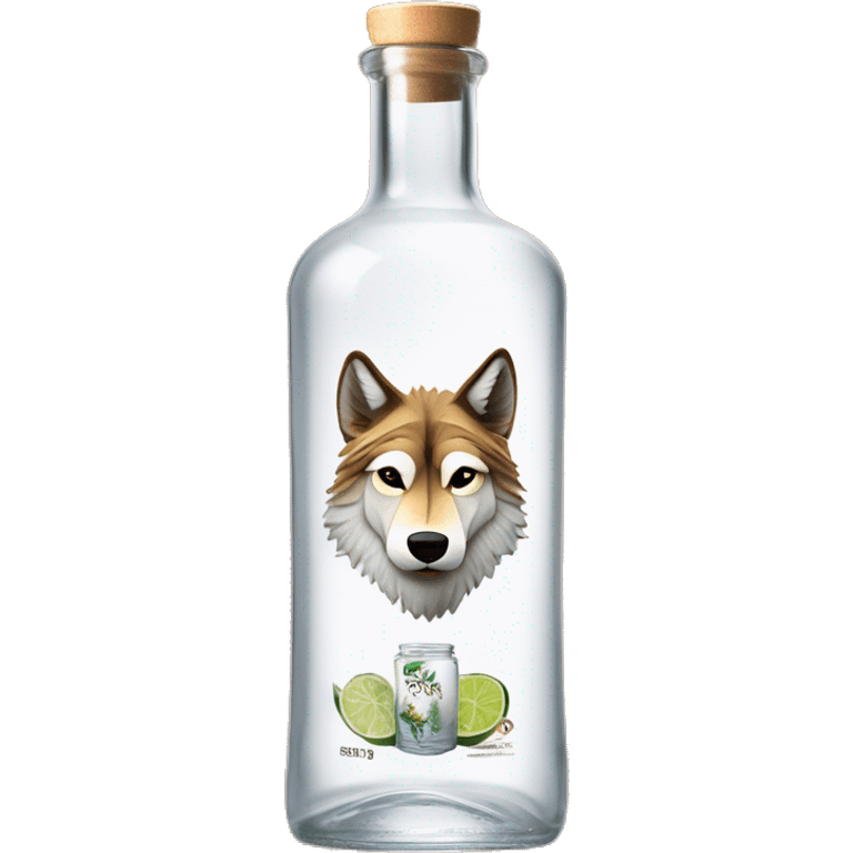 A tequila blanco classic transparent long cylindrical bottle with a wolf on top of the label, "Lopez" on the middle, and agave plants on the bottom of the label. Only the cap is made of light wood emoji