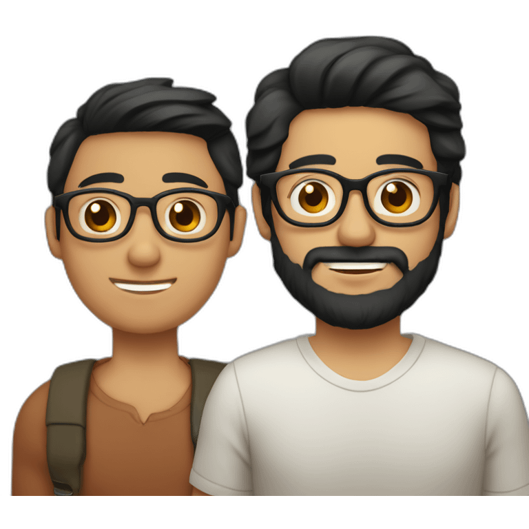 Gay couple of a 32 years old Colombian man with beard and glasses, black hair and brown holding hand with a Vietnamese man, 21 years old, NO BEARD, with old style glasses emoji