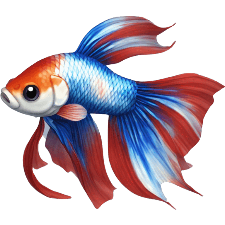 A Koi Betta with a marbled pattern of red, white, and metallic blue. Its long, flowing fins mirror the vibrant body, with a shimmering blue iridescence emoji