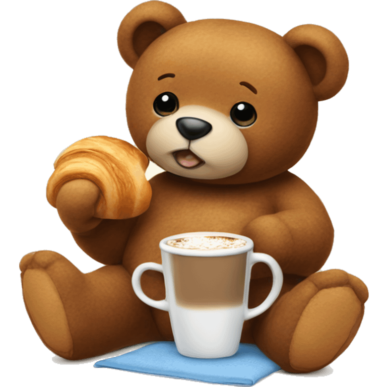 A teddy eating a croissant and drinking hot coco emoji