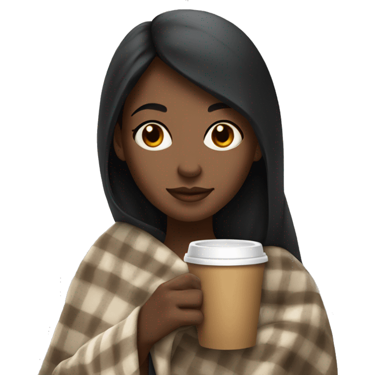 Brown skin girl with straight black hair in a blanket holding coffee emoji