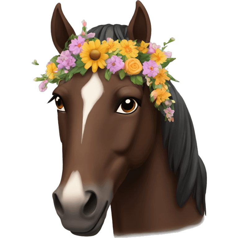 Dark Brown horse with flowers on his head  emoji