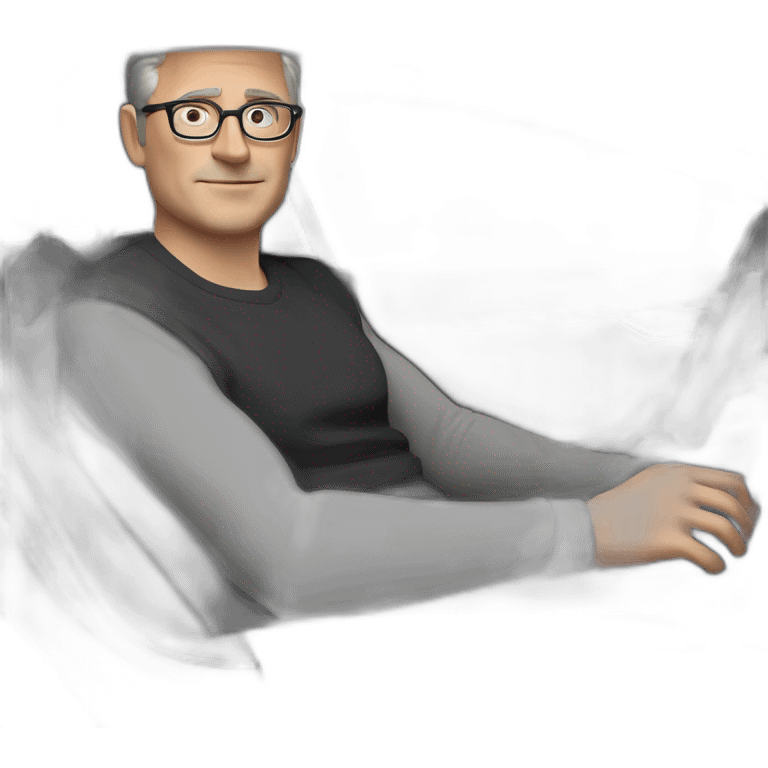 small-cartoonish-middle-age-lean-white-man,without-facial-hair,-with-black-hair-&-glasses-wearing-black-Tesla-T-shirt,-inside-black-tesla-model-3, at the wheel, full car front view emoji