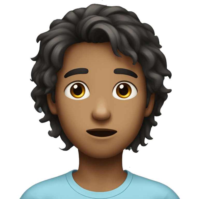 "Young person with medium-length, tousled dark hair, fair skin, and dark, expressive eyes looking slightly to the side. Wearing a light blue T-shirt with a slightly surprised or curious expression." emoji