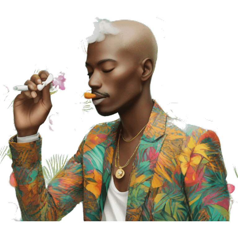 Person vaping wearing a colourful vibrant tropical patchwork of intricate vintage patterns, vape emoji